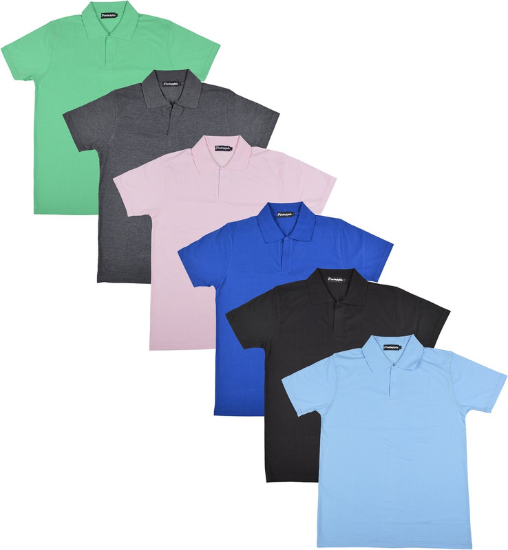 Pintapple Solid Men Polo Neck Black, Blue, Pink, Grey, Light Green, Light Blue T-Shirt(Pack of 6)