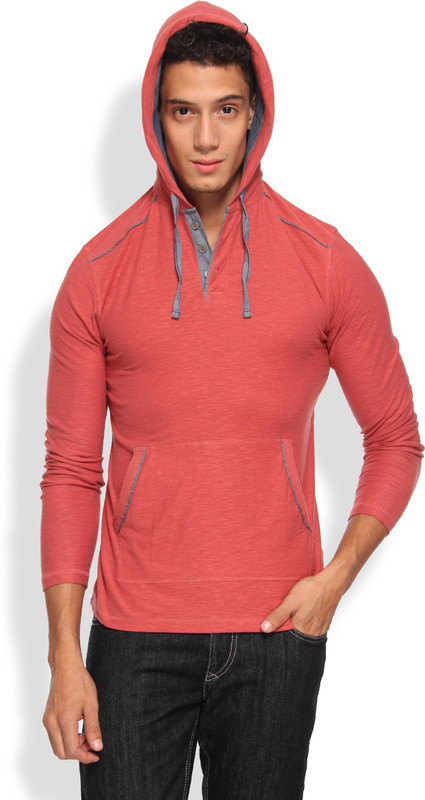 Arise Self Design Men Hooded Red T-Shirt