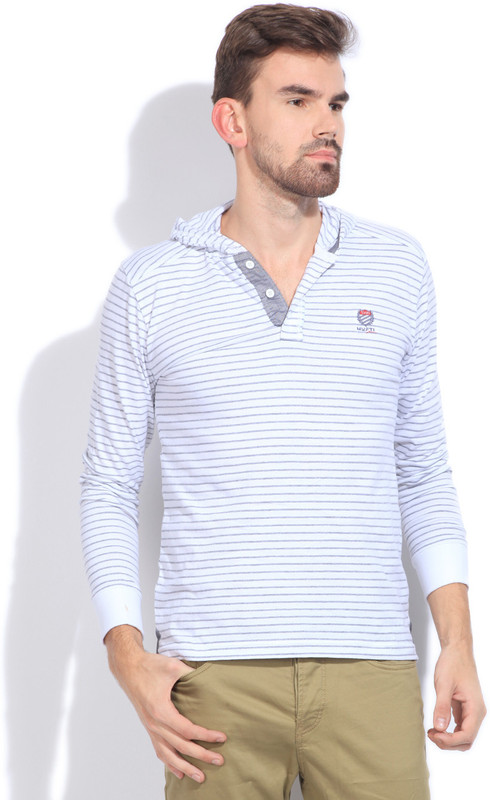 Mufti Striped Men Hooded White T-Shirt
