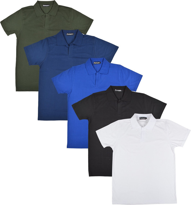 Pintapple Solid Men Polo Neck White, Black, Blue, Dark Blue, Dark Green T-Shirt(Pack of 5)