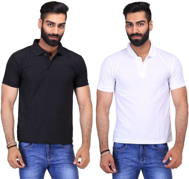 Fuego Solid Men Polo Neck Black, White T-Shirt(Pack of 2)