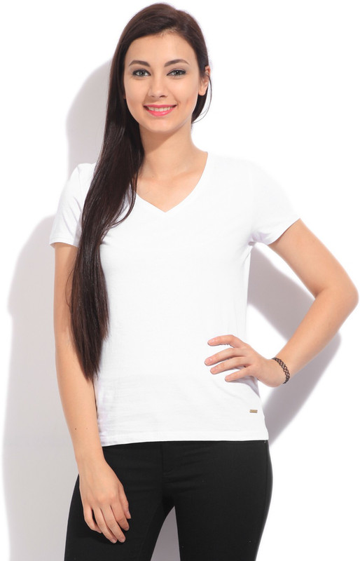 United Colors of Benetton. Solid Women V-neck White T-Shirt