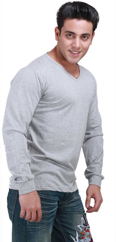 Inkovy Solid Men V-neck Grey T-Shirt