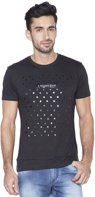 Flying Machine Polka Print Men Round Neck Black T-Shirt