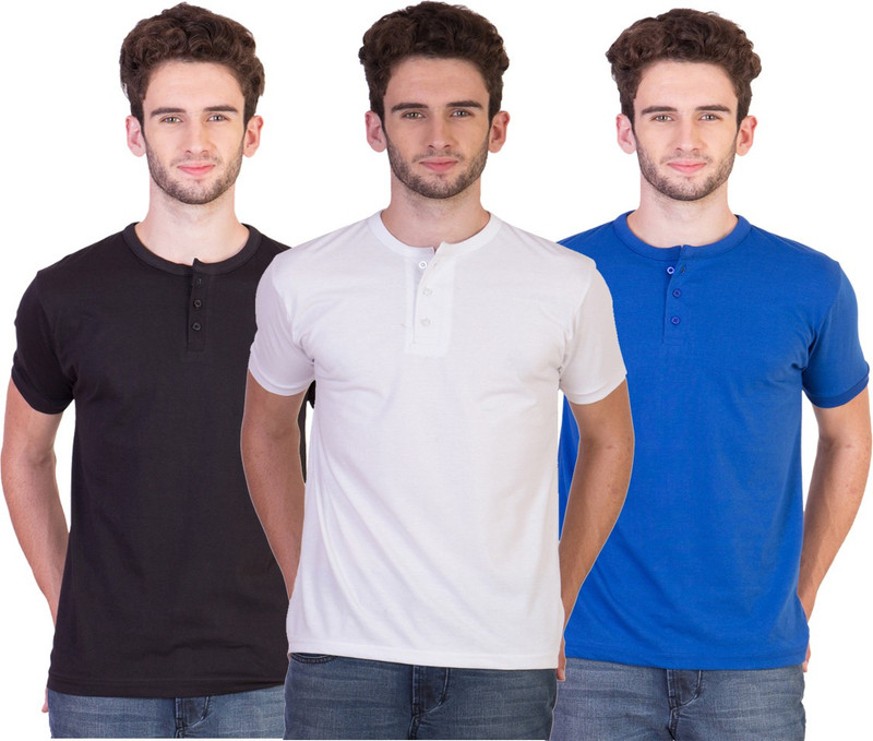 Keepsake Solid Men Henley Black, Blue, White T-Shirt(Pack of 3)