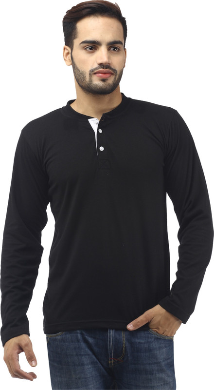Leana Solid Men Henley Black T-Shirt