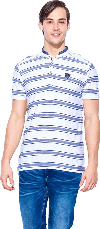 Mufti Striped Men Henley White T-Shirt