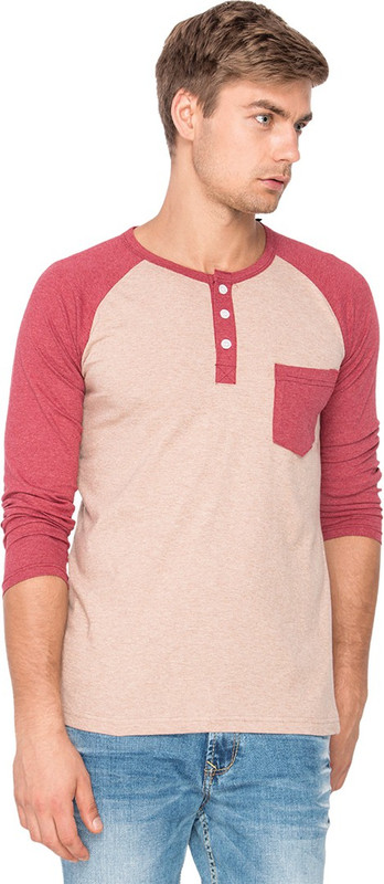 Campus Sutra Solid Men Henley Brown, Red T-Shirt