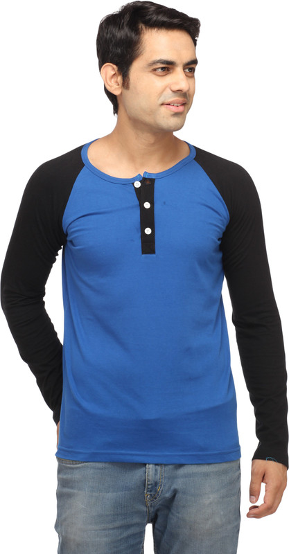 Leana Solid Men Round Neck Blue, Black T-Shirt