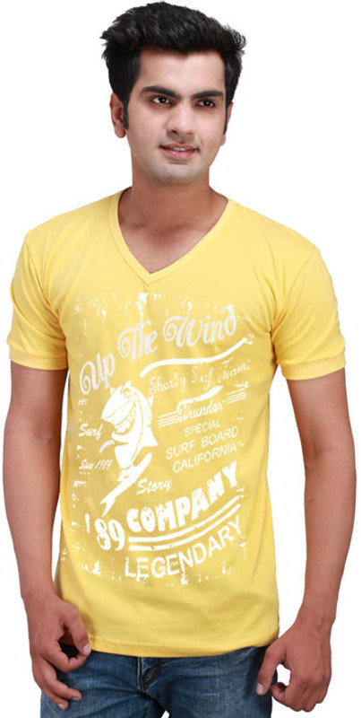 Inkovy Graphic Print Men V-neck Yellow T-Shirt