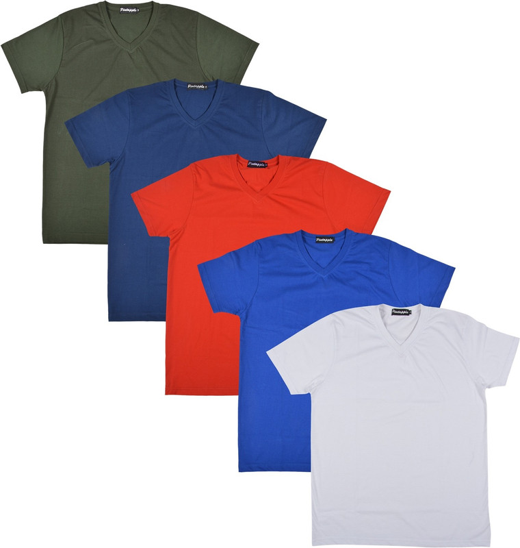 Pintapple Solid Men V-neck White, Blue, Red, Dark Blue, Dark Green T-Shirt(Pack of 5)
