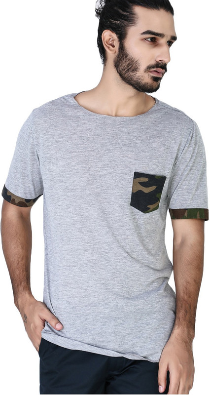 Mr Button Solid Men Round Neck Grey T-Shirt