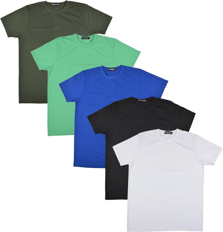 Pintapple Solid Men Round Neck White, Black, Blue, Light Green, Dark Green T-Shirt(Pack of 5)