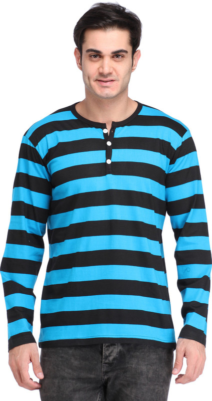 Leana Striped Men Round Neck Light Blue, Black T-Shirt