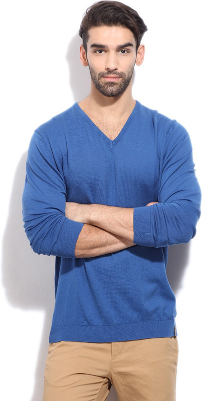 Peter England Solid Men V-neck Blue T-Shirt