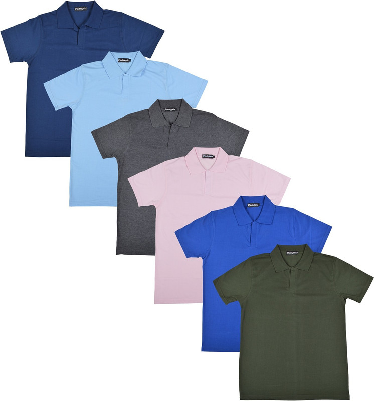 Pintapple Solid Men Polo Neck Blue, Pink, Grey, Light Blue, Dark Blue, Dark Green T-Shirt(Pack of 6)
