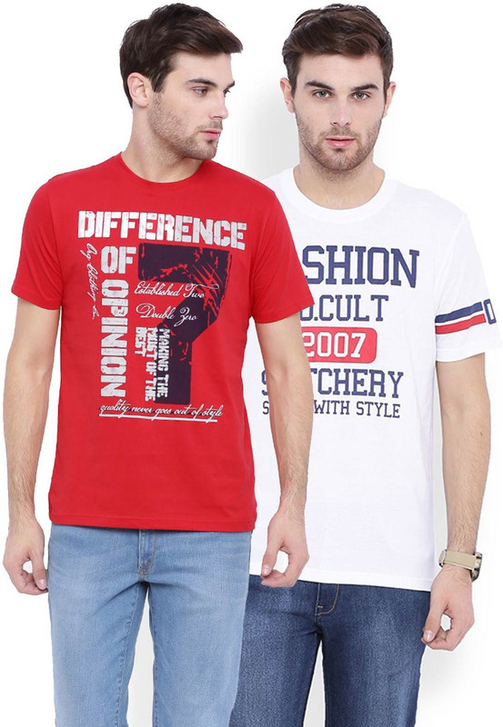 DIFFERENCE OF OPINION Printed Men Round Neck Red, White T-Shirt(Pack of 2)