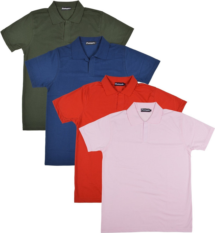 Pintapple Solid Men Polo Neck Pink, Red, Dark Blue, Dark Green T-Shirt(Pack of 4)