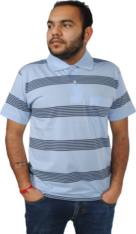 Feels Good Striped Men Polo Neck Light Blue T-Shirt