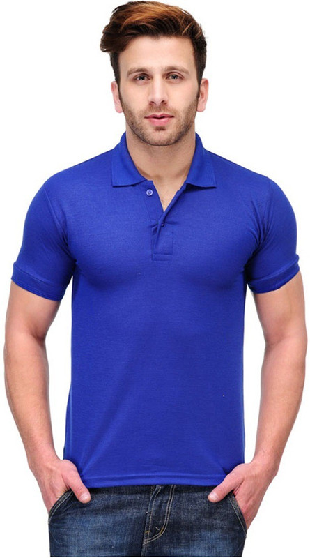 Makhkha Solid Men Polo Neck Blue T-Shirt