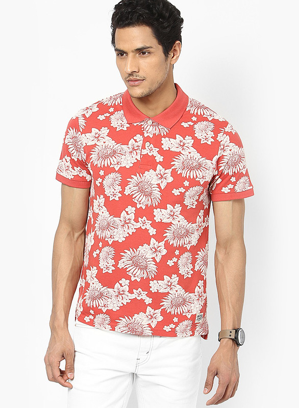 Jack & Jones Printed Men Polo Neck Orange T-Shirt