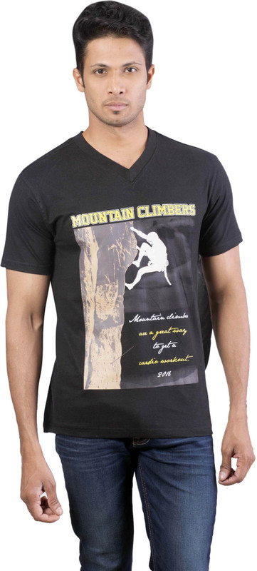 Oviyon Printed Men V-neck Black T-Shirt