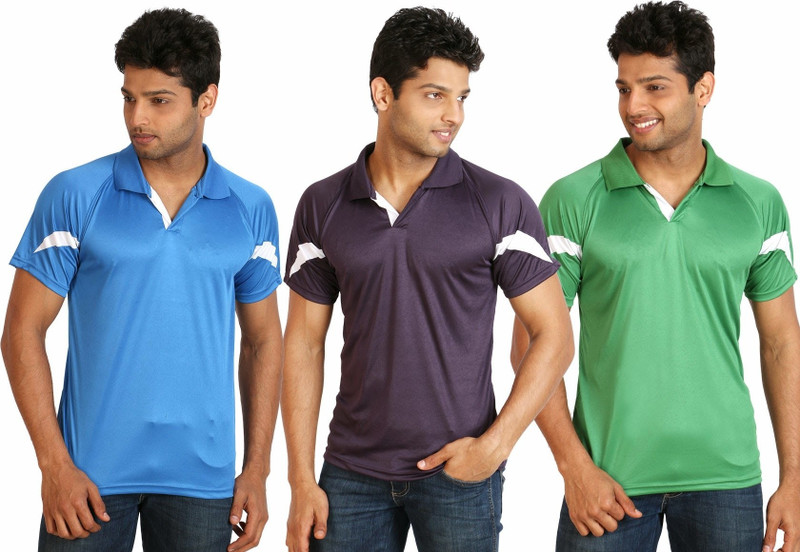 Campus Sutra Solid Men Polo Neck Light Blue, Purple, Green T-Shirt(Pack of 3)