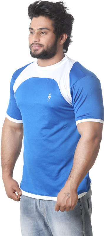 Stylar Solid Men Round Neck Blue, White T-Shirt