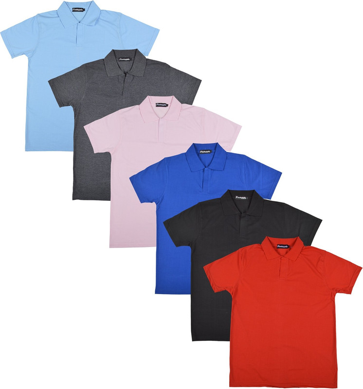 Pintapple Solid Men Polo Neck Black, Blue, Pink, Grey, Light Blue, Red T-Shirt(Pack of 6)