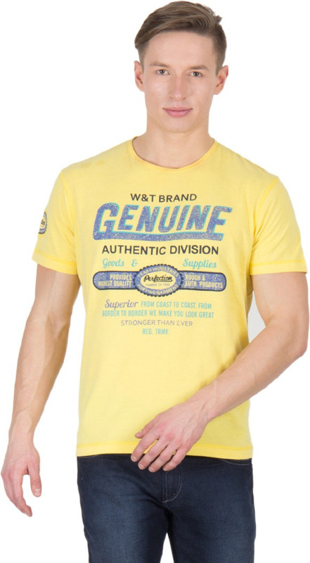 Wilkins & Tuscany Printed Men Round Neck Gold T-Shirt