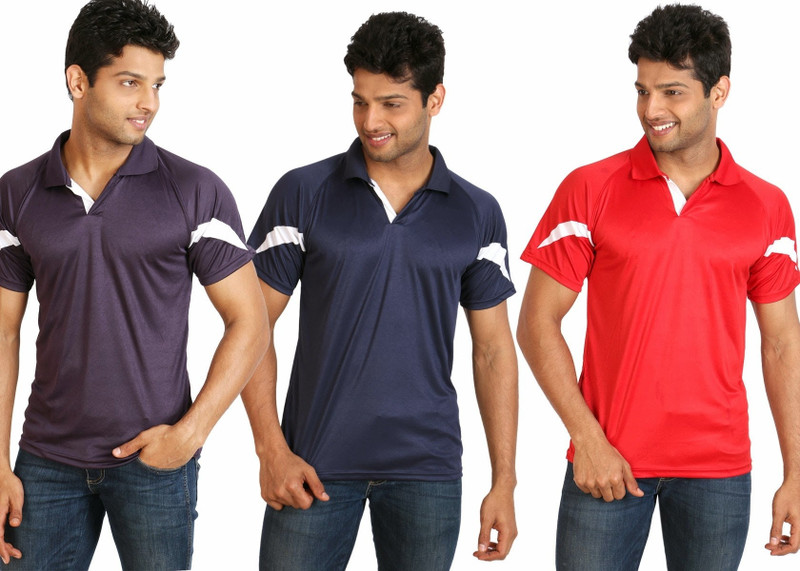 Campus Sutra Solid Men Polo Neck Blue, Red, Purple T-Shirt(Pack of 3)
