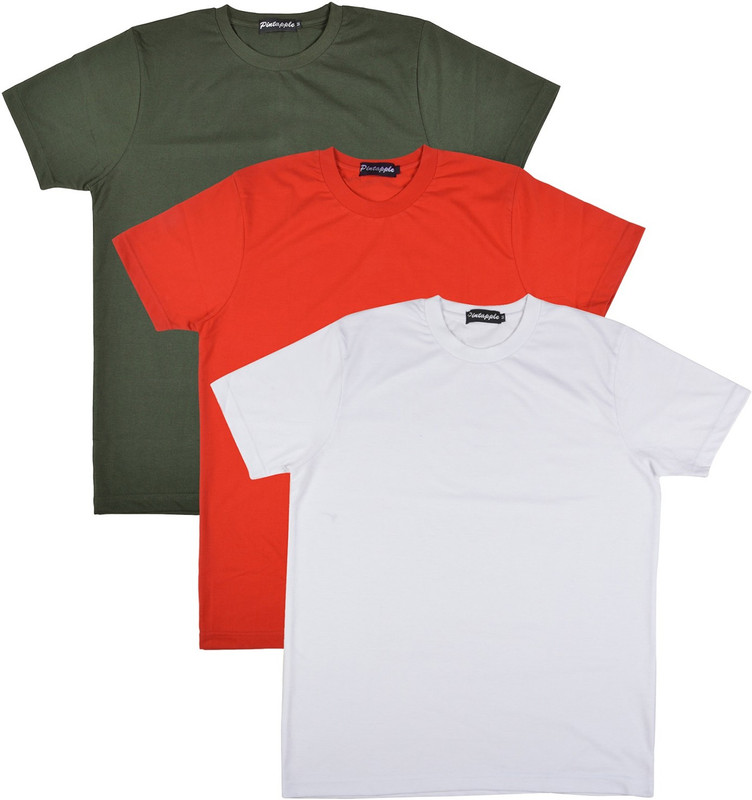 Pintapple Solid Men Round Neck White, Red, Dark Green T-Shirt(Pack of 3)