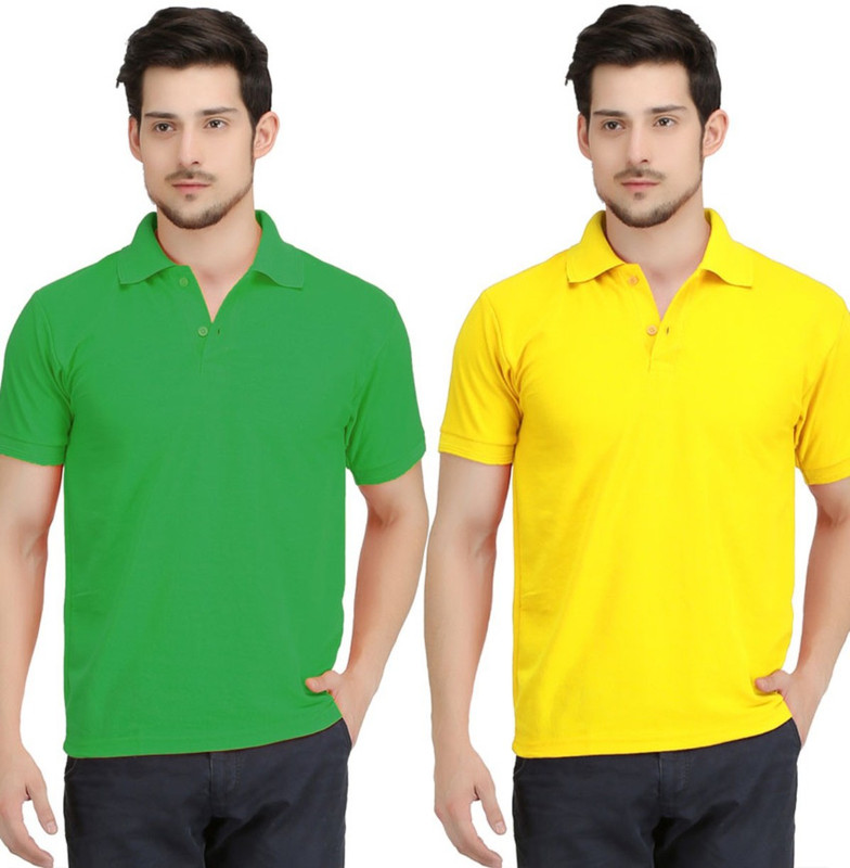 AleganT Solid Men Polo Neck Green, Yellow T-Shirt(Pack of 2)