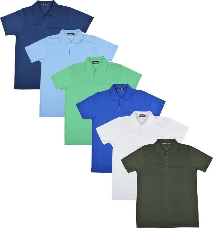 Pintapple Solid Men Polo Neck White, Blue, Light Green, Light Blue, Dark Blue, Dark Green T-Shirt(Pack of 6)