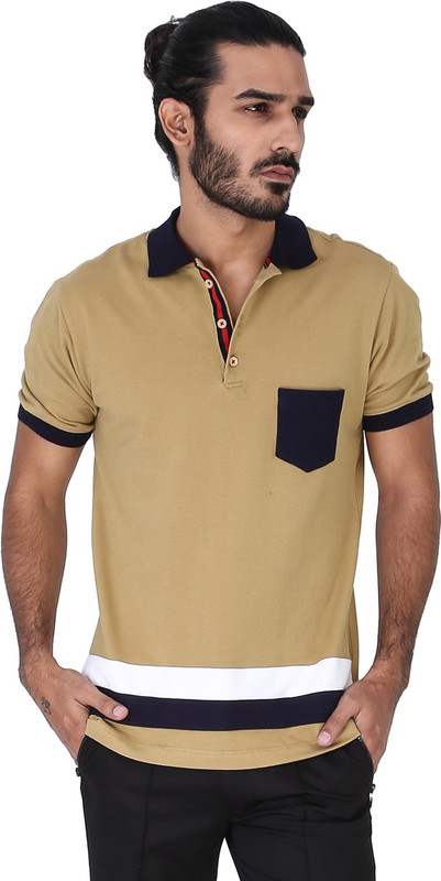 Mr Button Solid Men Polo Neck Yellow T-Shirt