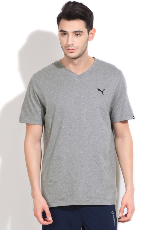 Puma Solid Men V-neck Grey T-Shirt