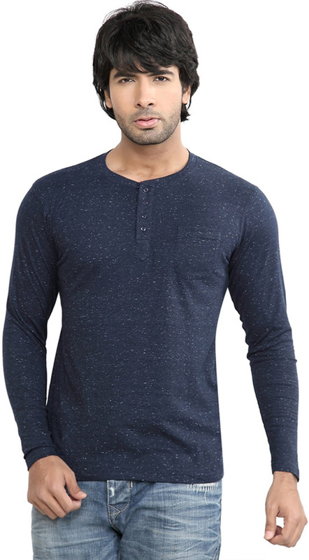 DIFFERENCE OF OPINION Solid Men Henley Dark Blue T-Shirt