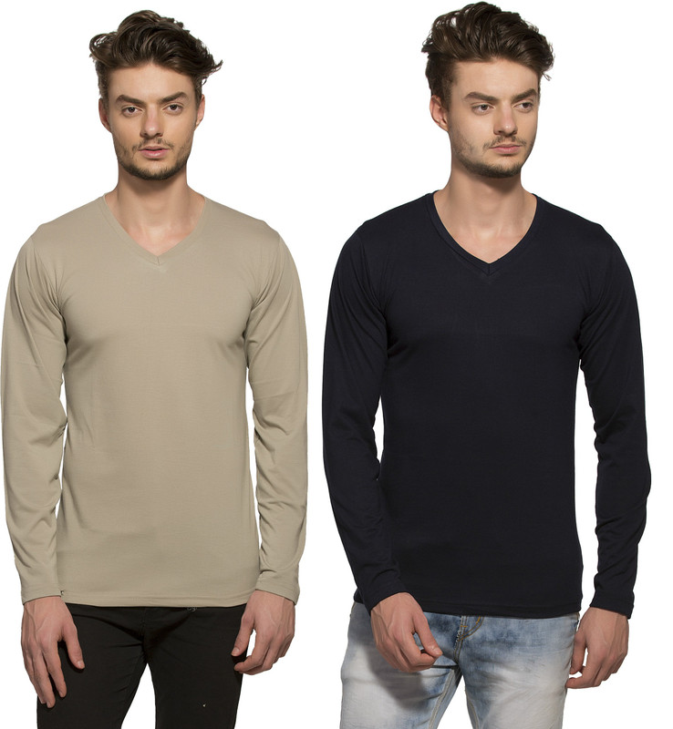 Alan Jones Solid Men V-neck Beige T-Shirt(Pack of 2)