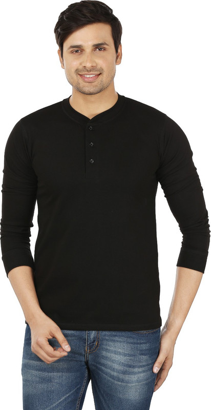 Weardo Solid Men Henley Black T-Shirt