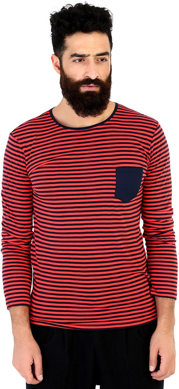 Mr Button Striped Men Round Neck Red T-Shirt