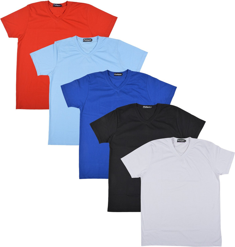 Pintapple Solid Men V-neck White, Black, Blue, Light Blue, Red T-Shirt(Pack of 5)