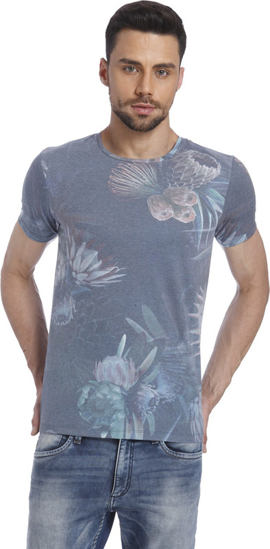 Jack & Jones Floral Print Men Round or Crew Blue T-Shirt