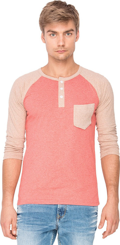 Campus Sutra Solid Men Henley Pink T-Shirt