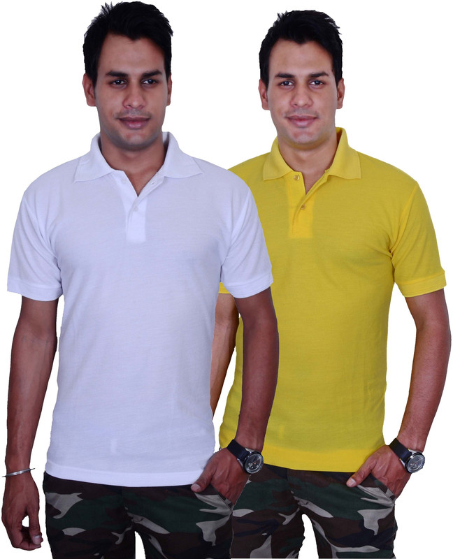Blaze Solid Men Polo Neck White, Yellow T-Shirt(Pack of 2)