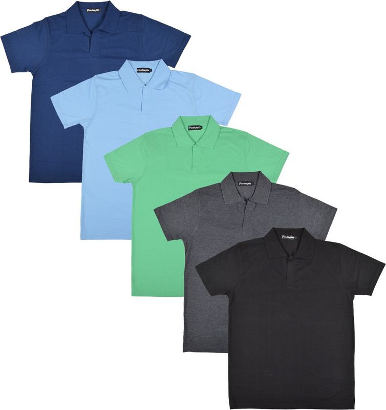 Pintapple Solid Men Polo Neck Black, Grey, Light Green, Light Blue, Dark Blue T-Shirt(Pack of 5)