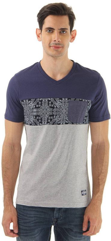 Monte Carlo Printed Men V-neck Blue, Grey T-Shirt