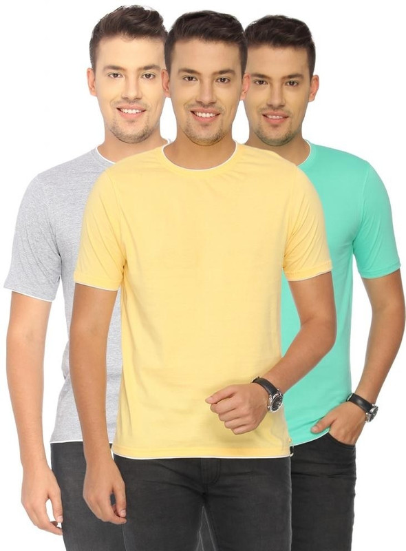 Campus Sutra Solid Men Round or Crew Grey, Green, Yellow T-Shirt(Pack of 3)