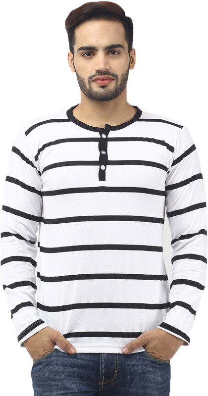 Leana Striped Men Henley White, Black T-Shirt