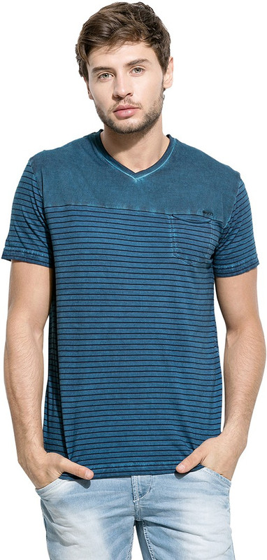 Mufti Striped Men V-neck Dark Blue T-Shirt