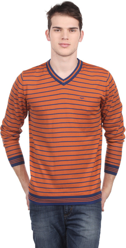 Park Avenue Striped Men V-neck Brown T-Shirt